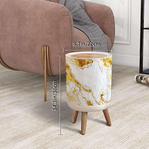 Trash Can with Lid Marble Golden Texture Wall Press Top Round Small Garbage Bin with Wooden Legs Waste Basket for Kitchen Bedroom Nursery 7L/1.8 Gallon