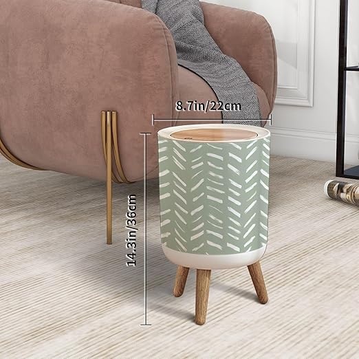Trash Can with Lid African brush stroke mud cloth fabric Ethnic boho seamless sage green Press Top Round Small Garbage Bin with Wooden Legs Waste Basket for Kitchen Bedroom Nursery 7L/1.8 Gallon