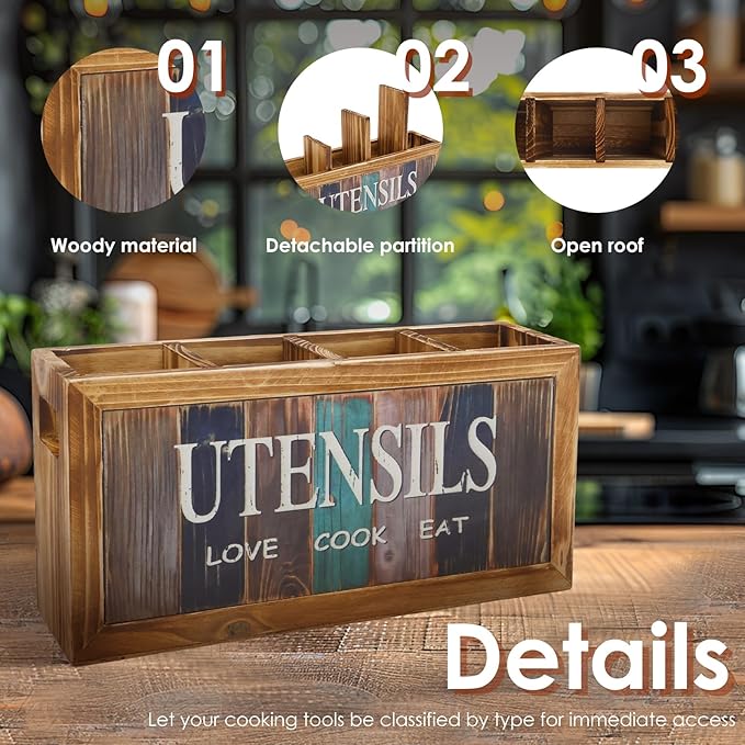 Wood Utensil Holder Practical Utensil Holder with 4 Compartments for Oil Bottle Spatula Cutter and Fork