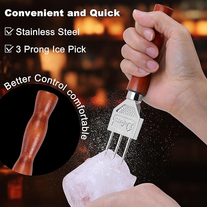 4Pcs Ice Pick Set, Stainless Steel Ice Chipper with Wood Handle, Bartender Kit Ice Crusher with Tong Ideal for Bars, Kitchen and Carving Craft Art