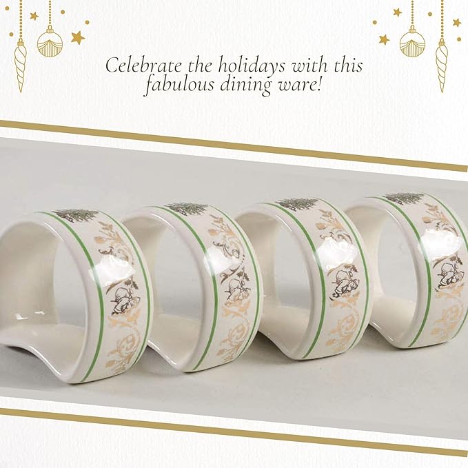 Spode Christmas Tree Gold 2.75" Napkin Ring (Set of 4) - Elegant 22K Gold Accented Holiday Napkin Rings, Fine Porcelain Christmas Table Setting Décor - Ideal for Holiday Dinnerware & Festive Gifting
