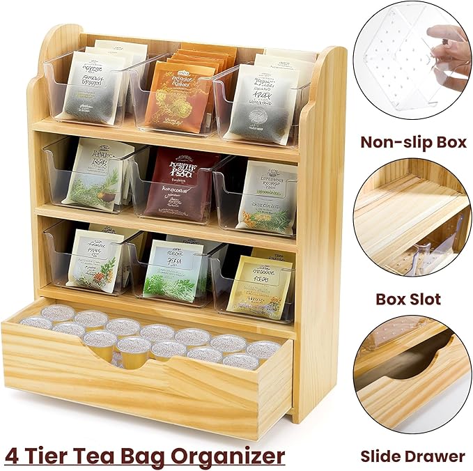 Tlence 4 Tier Wood Tea Bag Organizer, 15"x12.3"x4.5" Vertical Tea Storage Holder, Teabag Station Stand with 9 Plastic Box, Tea Packet Rack with Slide Drawer, Teabag Cabinet Shelf for Sugar and Creamer