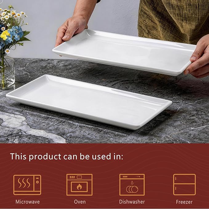 WishDeco Large Serving Platter Set of 2, Long Ceramic Serving Tray 16 inch, Rectangular Serving Dishes, White Plates for Entertaining, Fruit, Appetizer, Charcuterie, Oven & Dishwasher Safe