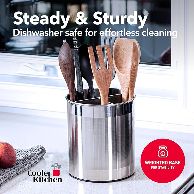 Cooler Kitchen Rotating Extra Large Stainless Steel Utensil Holder Caddy with Sturdy No-Tip Weighted Base, Removable Divider, and Gripped Insert Bottom -Dishwasher Safe Metal Cooking Utensil Holder