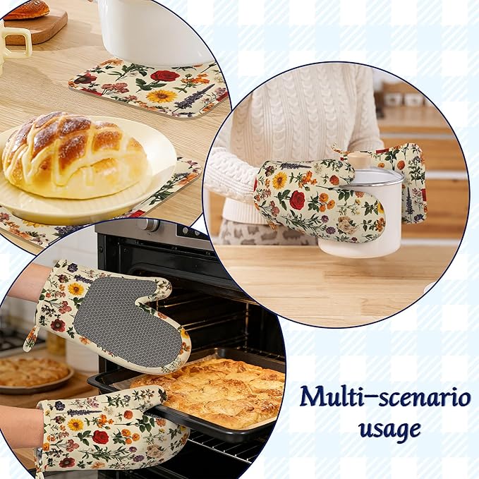 Wildflowers Red Rose Pot Holders and Oven Mitts Set Silicone Vintage Herb Kitchen Gloves Potholders Heat Resistant Washable,Chef Cooking Baking Gifts for Women Men Bakers Lover Cooks
