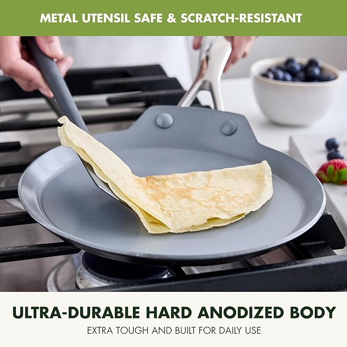 GreenPan Valencia Pro Ceramic Nonstick 9.5" Crepe Pan, Hard Anodized PFAS-Free, Induction Ready, Compatible on All Cooktops, Dishwasher Safe, Oven Safe to 600F, Gray
