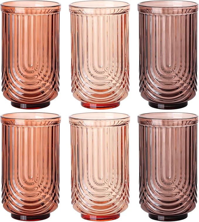 JOVGANK Amber Vintage Glassware Set of 6-17Oz Brown Water Drinking Glass, Art Deco Ripple Highball Glass, Whiskey Cocktail Glasses, for Bar Ice Coffee Juice, Housewarming Gifts and Mother's Day Gift