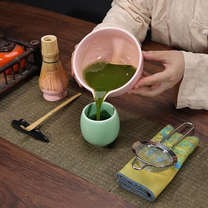Pink Matcha Whisk Set 5pcs Matcha Set With A Bowl, Mini Whisk And Holder, Bamboo Scoop And Stainless Steel Sifter Perfect Matcha Kit For Gifts