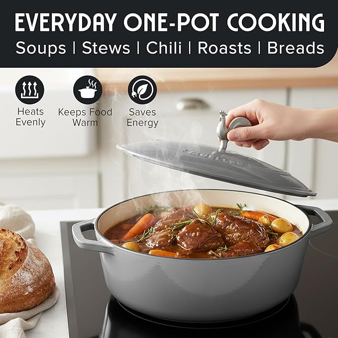 MUELLER HOME 5.5 Quart Enameled Cast Iron Oval Dutch Oven with Rooster Knob & Cotton Potholders, Heavy-Duty Cookware, Oven-Safe up to 500° F & Across All Cooktops, Gifts for Grandma & Women, Gray