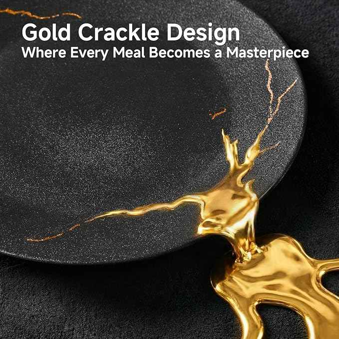 KINGSTONE Porcelain Dinnerware Sets for 4 Plates and Bowls Sets 12 Piece Matte Black Gold Vein Dish Set Scratch Resistant Dinner Salad Plate Dishware for Family Wedding Party Daily