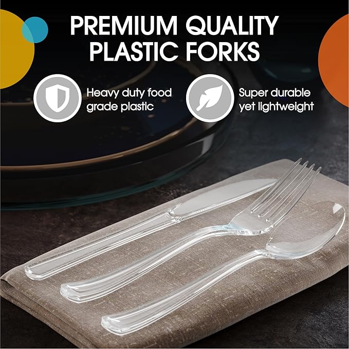 Party Solids Clear Plastic Silverware Heavy Duty 300 Pieces Clear Plastic Cutlery Sets, Utensil Sets, 100 Of Each Forks, Knives & Spoons Disposable Cutlery Set, Flatware Set For Party Supplies