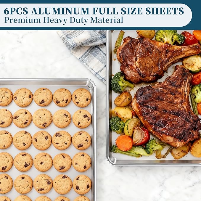Full Size Commercial Quality Baking Sheet Pan, Bastwe Aluminum Cookie Tray Pan for Oven, Freezer, Bakery, Hotel Restaurant, Thick Steel Rim Prevents Warping (6 Pack, 26 x 18 Inch)