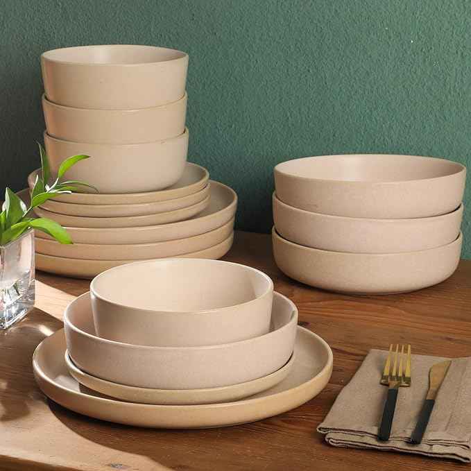 Gibson Elite Pasco 16 Piece (Service for 4) Plates and Bowls Double Bowl Reactive Glaze Dishes Stoneware Ceramic Dinnerware Set - Cream