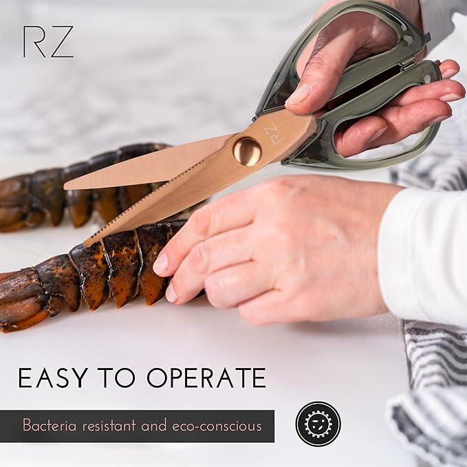 Rachel Zoe Multi-Purpose Kitchen Scissors, Stainless Steel Shears with Protective Sheath & Soft Handle Grips, Dishwasher Safe, Vegetables, Fruits & Meat Cutting Scissors, Essentials (Green/Copper)