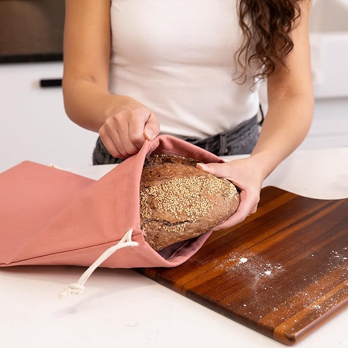 Sourdough Bread Bags for Homemade Bread, 2 Pack, Reusable Cotton Linen, Machine Washable, Freezer Safe - BPA-Free TPU Liner, Fits 2 Loaves Each, Beeswax Wrap Alternative, Drawstring Closure
