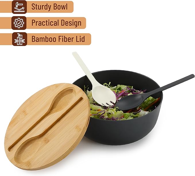 BAMBOO LAND- Large Salad Bowl with Wooden Lid, 10 Inch/108 Oz, Black, Bamboo Fiber Salad Bowl with Serving Utensils, Wide Applications