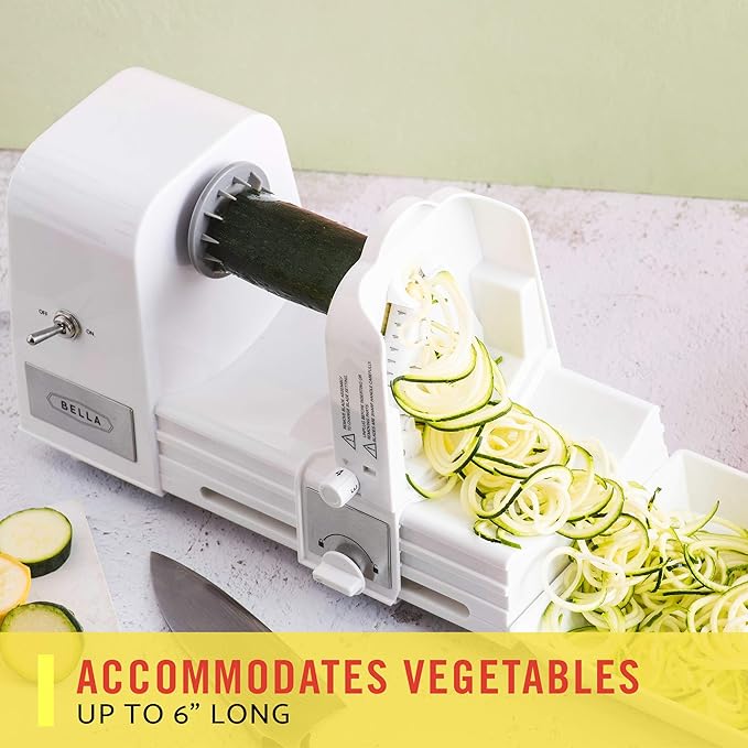 BELLA 4-in-1 Automatic Electric Spiralizer & Slicer, Quickly Prep Healthy Veggie or Fruit Spaghetti, Noodles or Ribbons, Easy To Clean, Recipe Book Included, White, 14641