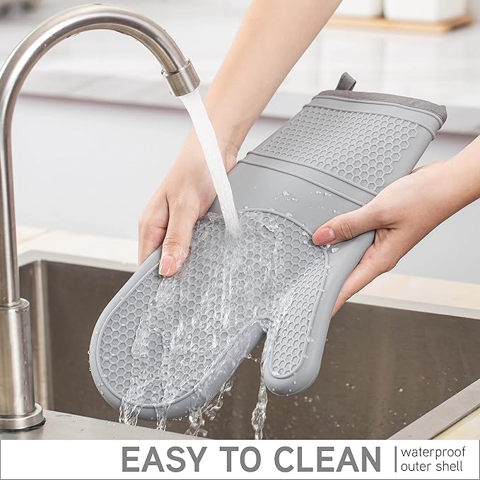 COOK WITH COLOR Silicone Oven Mitts- Heat Resistant Gloves with Soft Quilted Lining Oven Mitt Pot Holders for Cooking and BBQ, Gray, Mitt Set