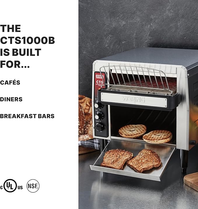 Waring Commercial CTS1000B Conveyer Toaster, 1000+ slices per hour, 208V, 2700W, 6-20 Phase Plug,Silver