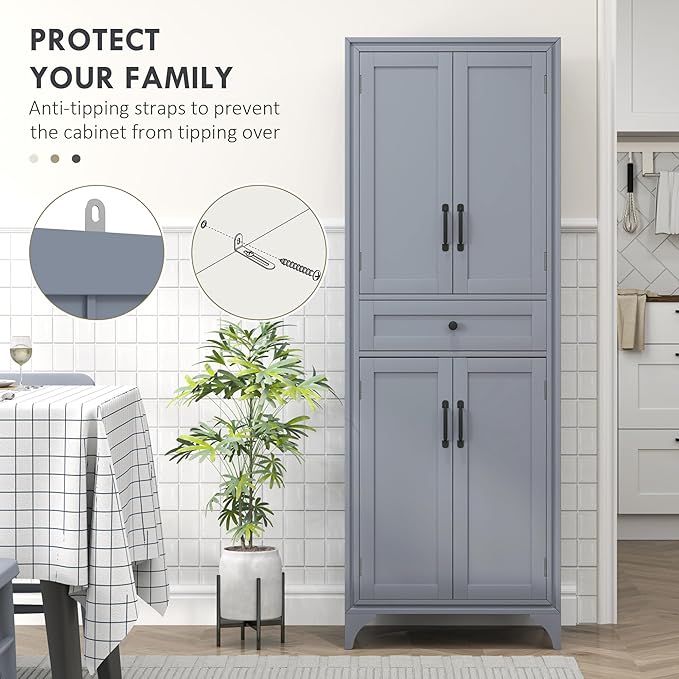 HOMCOM 67" Tall Freestanding Kitchen Pantry Cabinet, 4-Door Storage Cabinet with Drawer and Adjustable Shelves for Dining Room, Gray