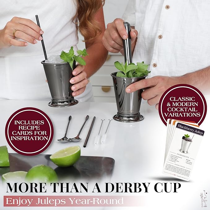 Gusto Nostro Mint Julep Cups Set of 2 - Stainless Steel Julep Cup Kit with Straws, Muddler, Spoon, Recipes, Vases - Southern-style Cocktail Glasses for Home Bar - Stainless Steel Cocktail Cups (Black)