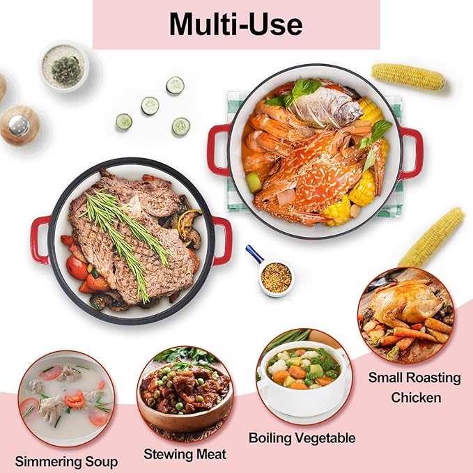 TeamFar 2-In-1 Enameled Cast Iron Dutch Oven, 5 Quart Dutch Oven Pot Cookware with Skillet Lid for Bread Baking Braising Stewing Roasting, Heavy-Duty & Nonstick, Oven Safe & Fit for Induction (Red)
