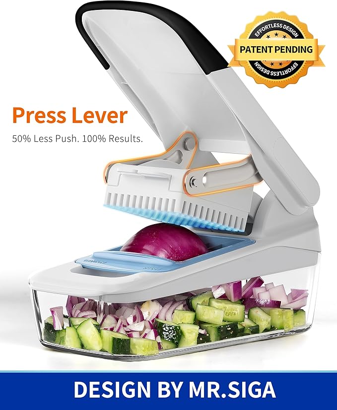 MR.SIGA Vegetable Chopper with Container, 2 in 1 Manual Hand Food Chopper with 2 Stainless Steel Chopping Blades for Potato Strips, Onion Cubers, Carrot Sticks, White & Black