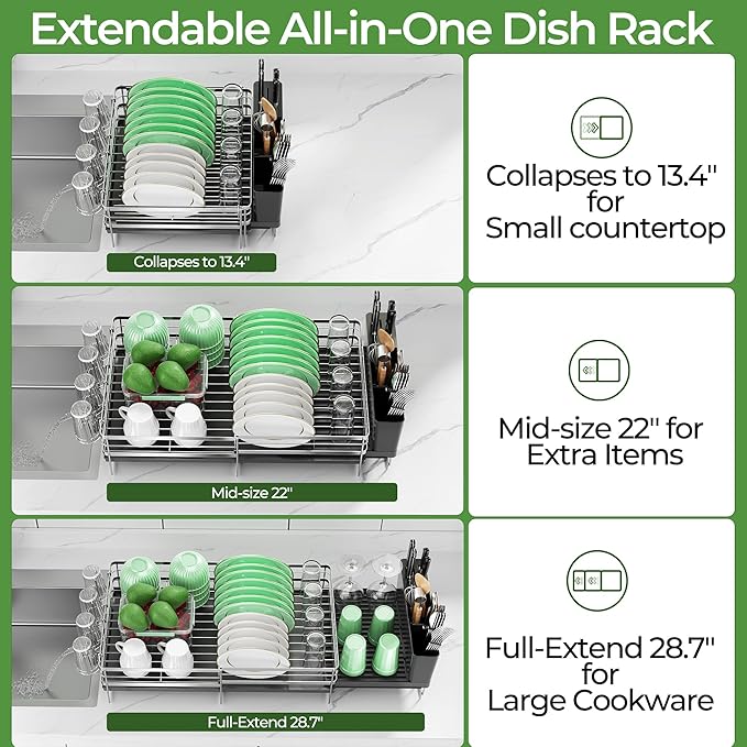 Large Dish Drying Rack, Expandable Dish Rack, Stainless Steel Anti-Rust Dish Racks for Kitchen Counter, Multifunctional Dish Drainer with Utensil Holder & Cup Holder, 13.4"-28.7" L x 11.8" W