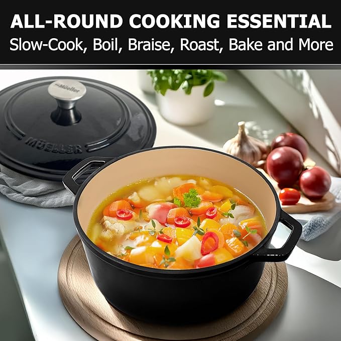 MUELLER HOME 6 Quart Enameled Cast Iron Pot Dutch Oven, Heavy-Duty Oven-Safe up to 500° F, & Across All Cooktops, Casserole Dishes for Ovens, Bread Pan with Lid and Knob, Cast Iron Cookware, Black