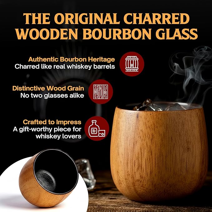 The Original Charred Wooden Bourbon Drinking Glass | Charred Old Fashioned Glass | Bourbon Gifts for Men, Dad, or Brother | Whiskey Gifts