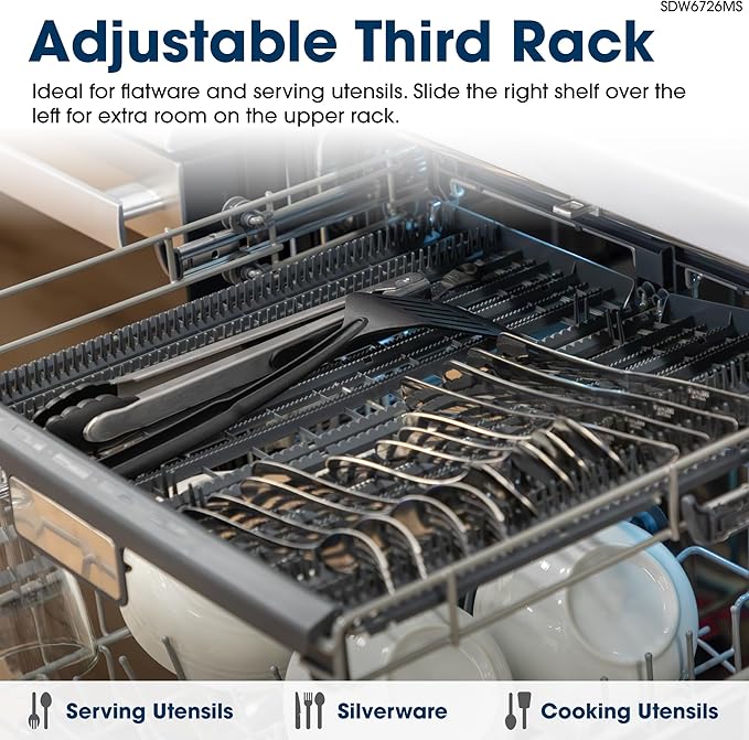Sharp SDW6726MS 24-inch Stainless Steel Dishwasher, 47 dB Library Quiet, Third Rack, Power Wash Sprayer, 12 Place Settings,