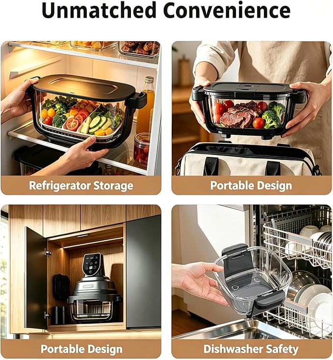 5-in-1 Glass Air Fryer for Healthy Oil-Free Cooking, Portable 1500W Countertop Cooker with 4QT & 6-Cup Glass Bowl, Non-Toxic Design & Dishwasher Safe for Single & Family Meals