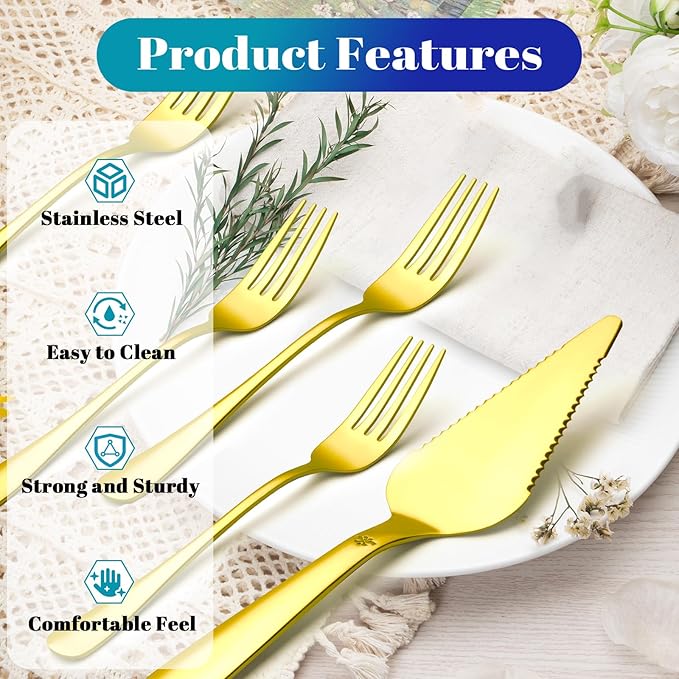 Eisinly 1 Pcs Cake Pie Server and 4 Forks Set for Wedding, Elegant Pizza Slicer Server Set with Stainless Steel Big Serrated Edges, Cake Cutter Pie Spatula for Birthday Anniversary, Gold