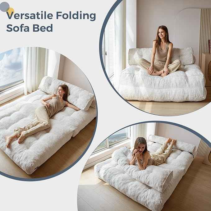 MAXYOYO Folding Sofa Bed, Convertible Sleeper Chair with Pilow Foldable Matress with Back Support, Portable Fold Out Chair Bed Comfy Floor Sofa Lounge for Living Room Bedroom, Beige, Double