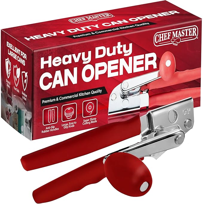 Chef Master Commercial Can Opener Heavy Duty - Manual Hand Crank for Large Cans with Anti-Slip Grip - Stainless Steel Restaurant Can Opener Manual for Seniors, Kitchen, Bars & Food Trucks - 90056