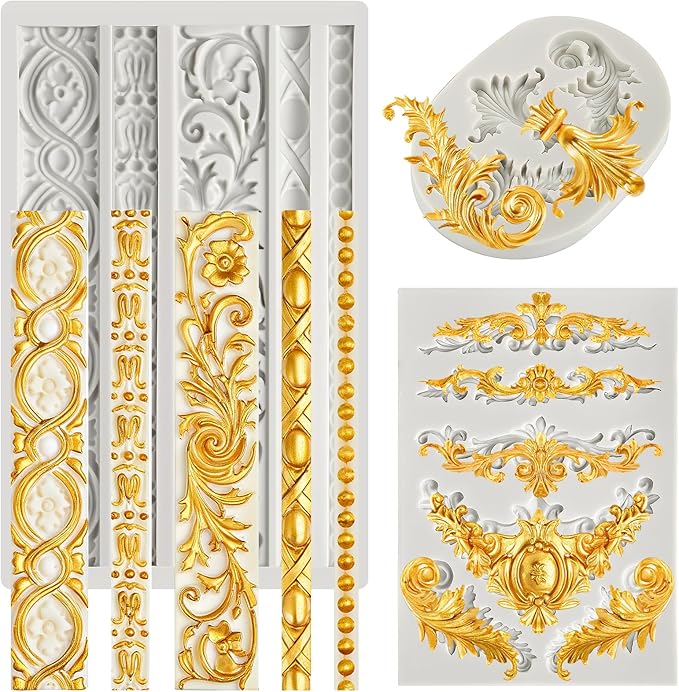 JOERSH 3PCS Baroque Silicone Molds Scroll Border Mold Baroque Clay Mold Fondant Molds for Wedding Birthday Cake Decorating, Chocolate, Sugar, Clay Crafts