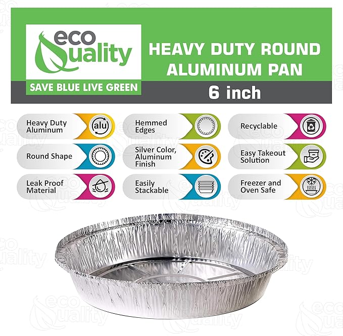 EcoQuality 6" Round Aluminum Foil Pans - Disposable Containers with Foldable Walls for Pie Baking, Cooking, Serving, Reheating, and Storing - Freezer and Oven Safe Tart Pan 250 Pack