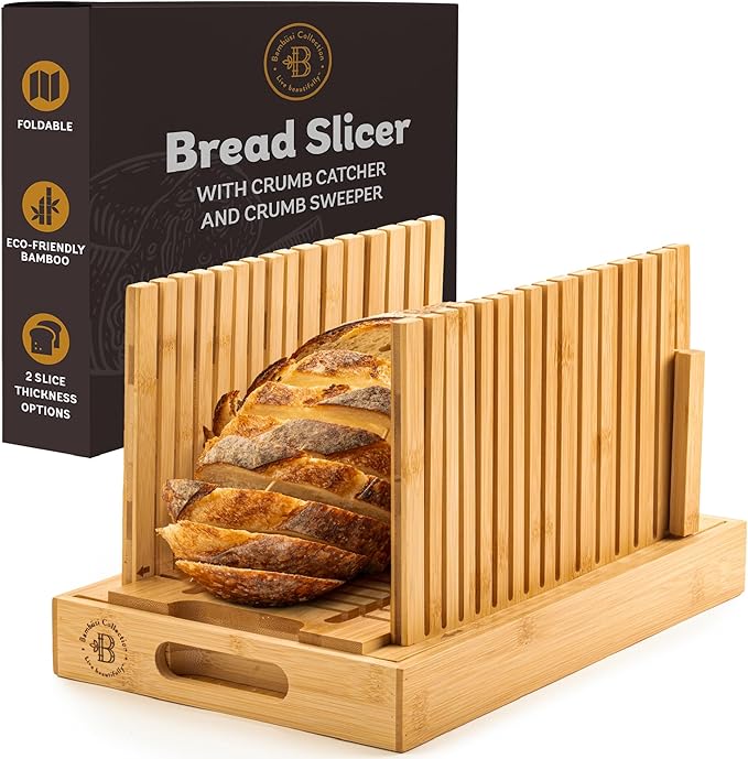 Bread Slicer for Homemade Bread with 10-Inch Serrated Bread Knife – Adjustable Width Bamboo Bread Cutter for Loaves, Bagels, Cakes – Cutting Guide with Crumb Tray