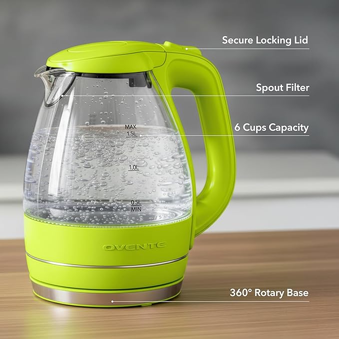 OVENTE Electric Kettle, 1.5L Borosilicate Glass Countertop Water Heater and Boiler for Coffee or Tea, BPA-Free, Auto Shut-Off, Boil-Dry Protection, Removable and Washable Spout Filter, Green KG83G