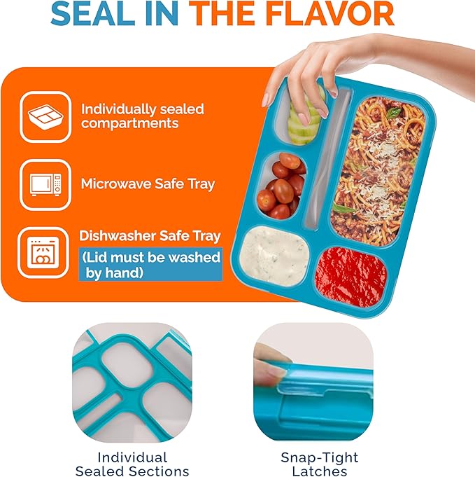 Bento Box Lunch-Box for Kids Adults, Snackle Box Snack Containers for Toddlers Daycare, Leakproof School Bentobox, 6 Section Meal Container for Boys Girls Women Lunches, BPA Free Utensils, Blue