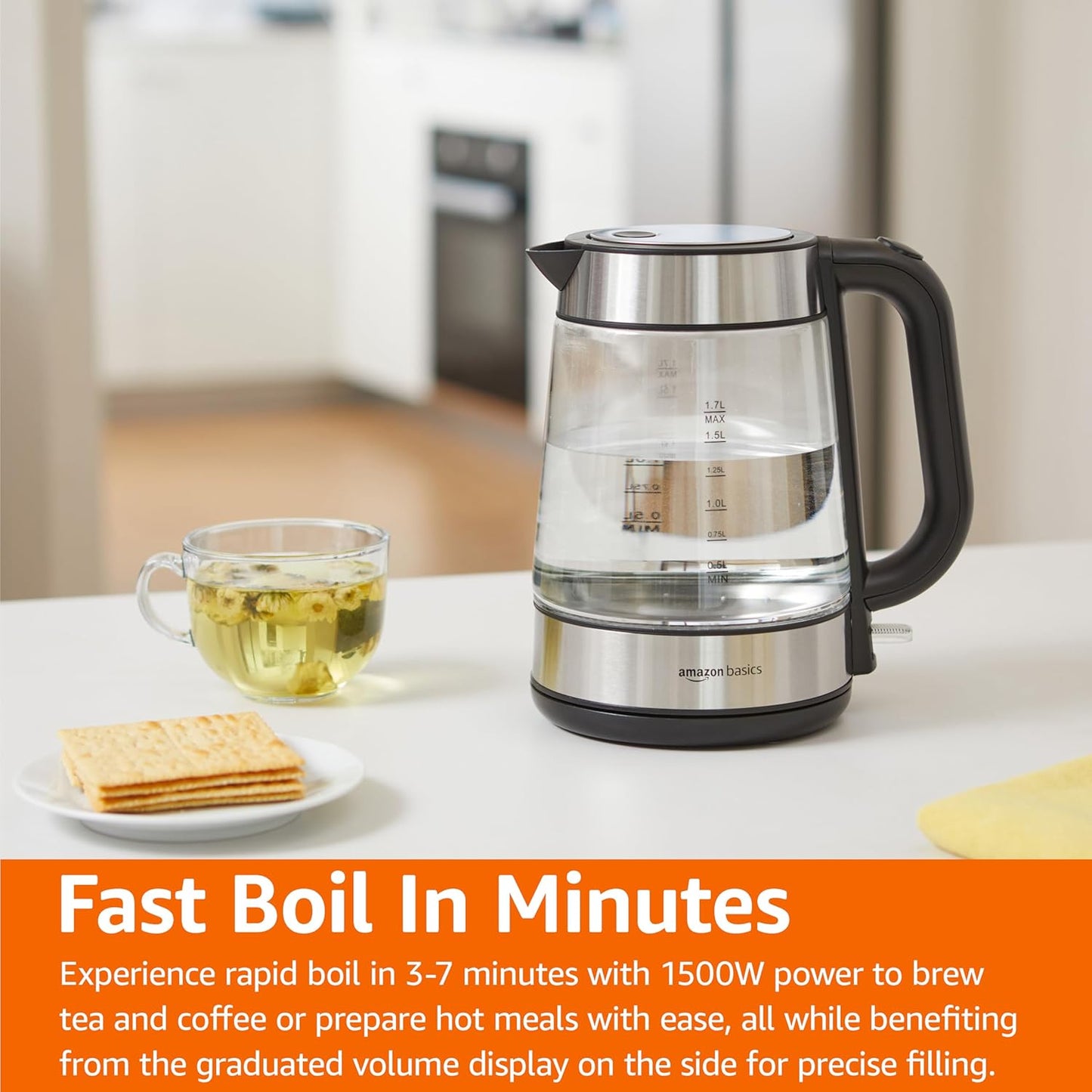 Amazon Basics Electric Kettle with Glass Carafe for Tea and Coffee, BPA-Free, Fast Boiling, Auto Shut-Off, 1.8 Quarts, 1500W, Black and Silver