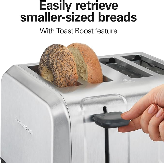 Hamilton Beach 4 Slice Toaster with Extra Wide Slots for Bagels, Shade Selector, Toast Boost, Slide-Out Crumb Tray, Auto-Shutoff and Cancel Button, Brushed Stainless Steel (24910)