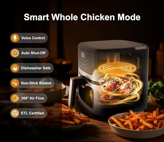 Emerson SmartVoice 5.3QT Air Fryer, 1000+ Voice Commands, 6-in-1 Digital Cooker, Compact Countertop Design, Oil-Free Healthy Cooking, Easy-Clean Nonstick Basket, 1500W