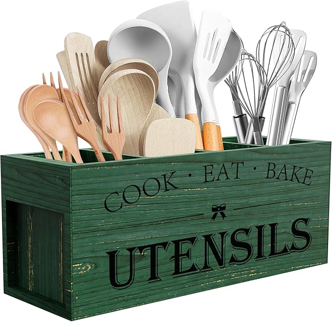 Suli Extra Large Kitchen Utensils Holder with 4 Compartments, Wooden Utensil Organizer for Kitchen Countertop, Farmhouse Decor, Rustic Cooking Utensil - Green grain