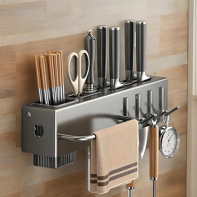 Utensil Holder – Kitchen Wall Organizer | No-Drilling Wall Mount Cutlery Storage Rack With Hooks, Towel Hanger For Spatula, Spoon, Mug & Kitchen Accessories Organization And Space Saving