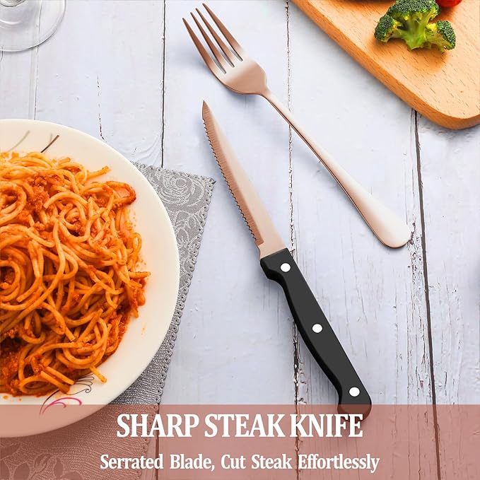 24 Pcs Rose Gold Silverware Set with Steak Knives Service for 4,Stainless Steel Flatware Set,Mirror Polished Cutlery Utensil Set, Kitchen Eating Tableware,Include Fork Knife Spoon Set,Dishwasher Safe