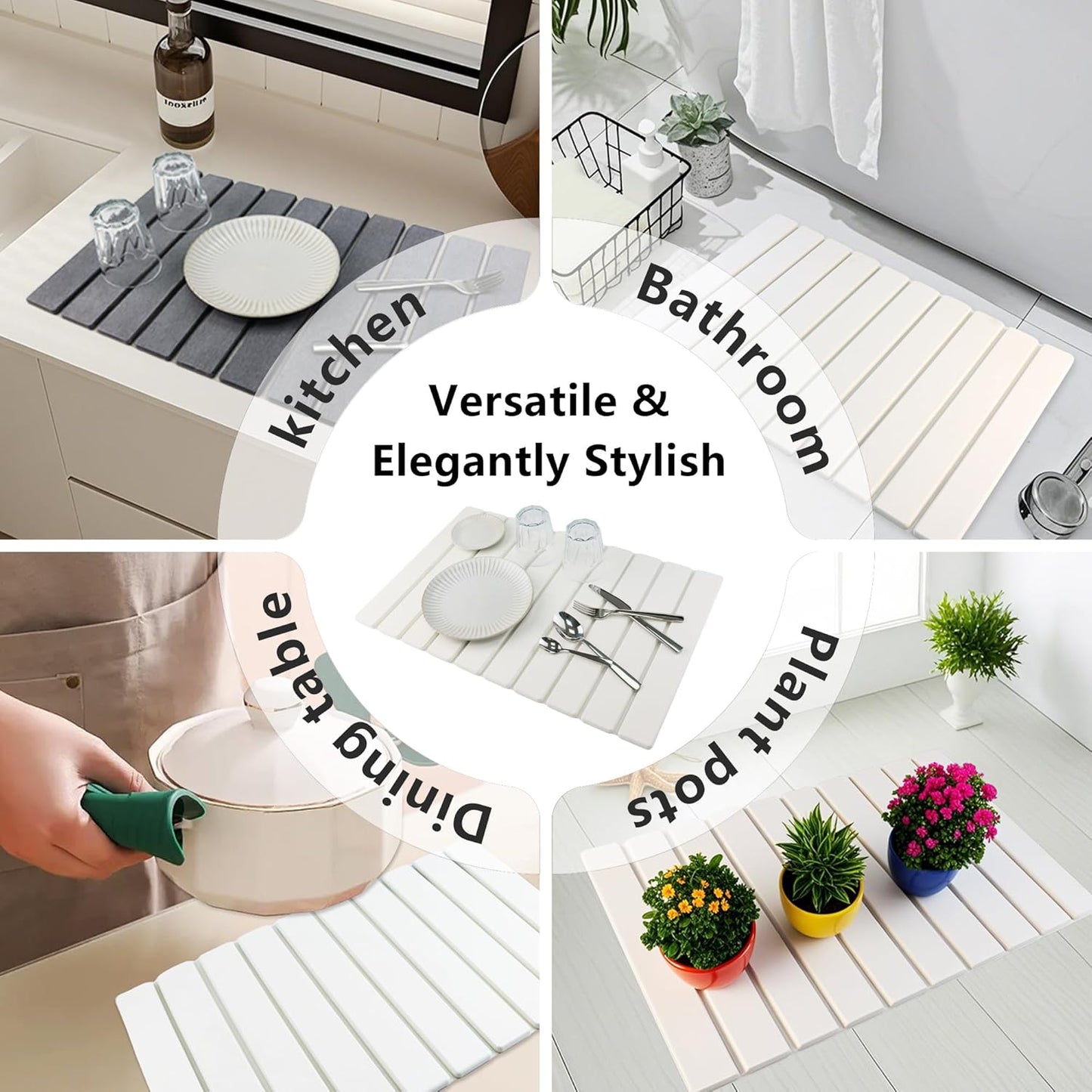 Large Stone Drying Mat for Kitchen Counter Diatomaceous Earth Collapsible 24”（L）*16”（W）Super Heat Resistant Mats, Quick Absorbent Dish Drying Rack（Gray marble）