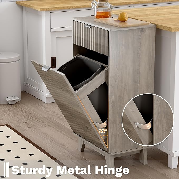 Modern Tilt Out Laundry Hamper Cabinet, 10 Gallon Wooden Trash Can Cabinet with Storage Drawers, Hidden Fluted Garbage Can Holder for Kitchen, Living Room (Wood Grey, 20.47"W x 35.83"H x 13"D)