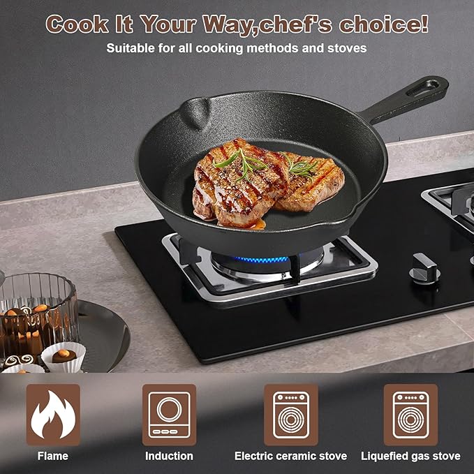 Pre-Seasoned Cast Iron skillets,4 Piece Durable Pots and Pans Set with Handle Covers for Grill, BBQ, Camping Fire, Stovetop, Kitchen and Camping Cookware