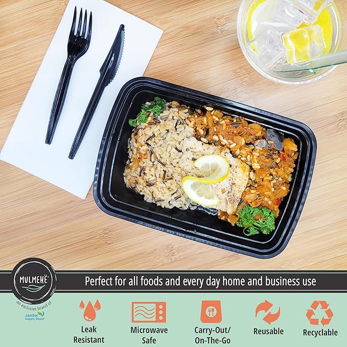 MULMEHË Plastic Food Storage Take-Out Container and Lid Combo, 28 oz, Microwaveable, Rectangular, Black, 8.5x6x1.5, Set of 150